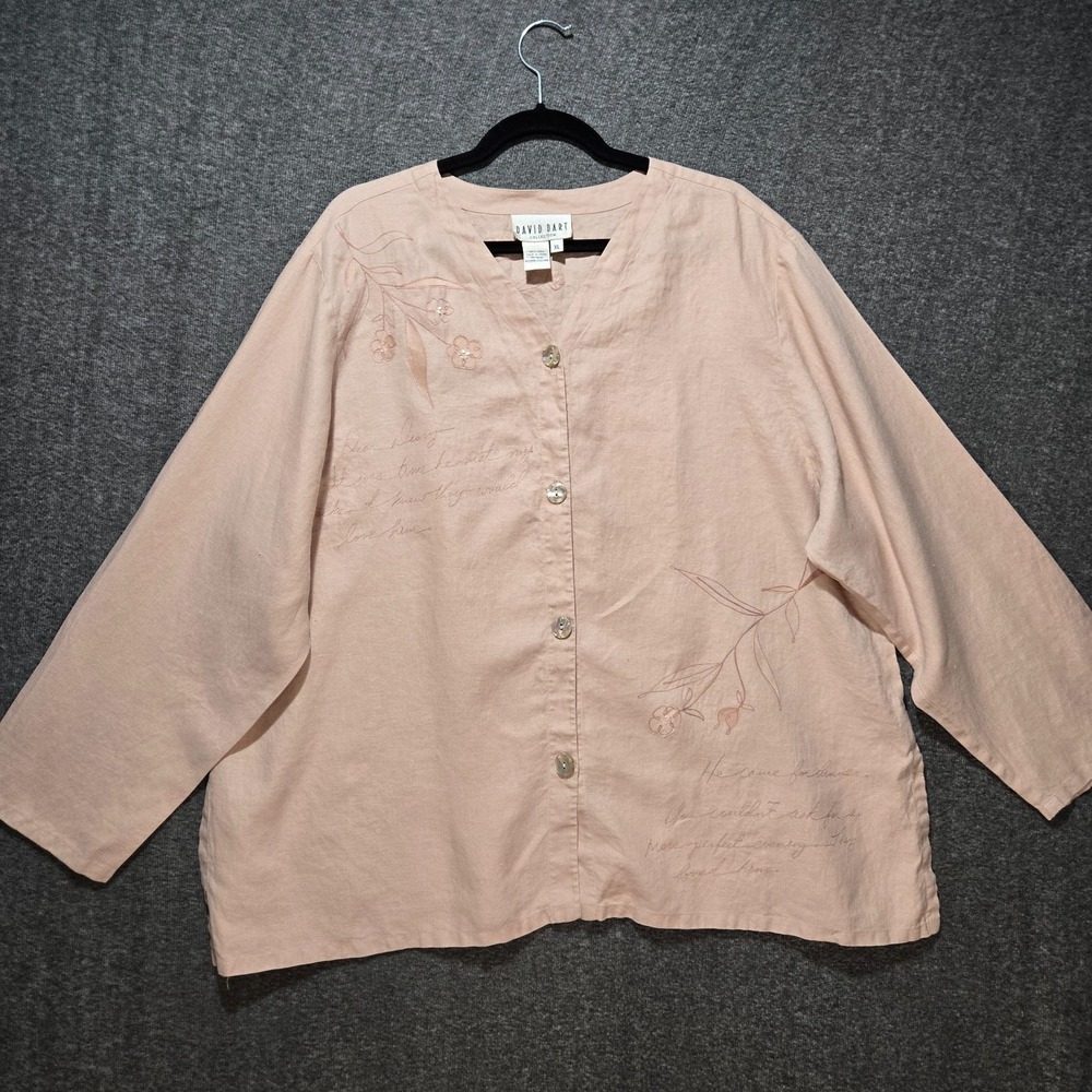 David Dart Collection Woman Button Top Embroidery Size XL Linen Pink